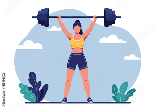 Illustration of a woman performing an overhead press with a barbell outside. Fitness and strength training in nature