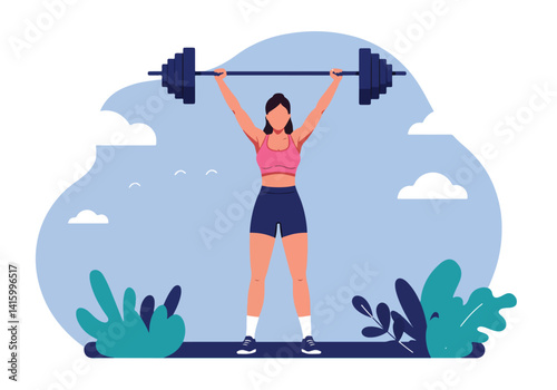 Illustration of a woman performing an overhead press with a barbell outside. Fitness and strength training in nature