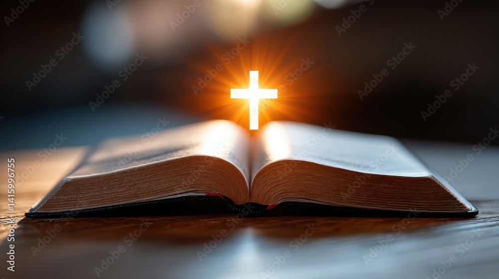 Naklejka premium A radiant sun casts light on a cross silhouette and an open bible, symbolizing faith and guidance on lifes path.