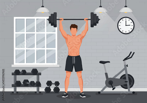 Illustration of a man lifting weights with a barbell in a home gym setting. Exercise and strength training indoors