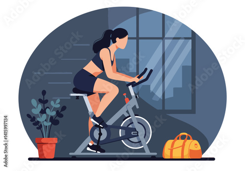Young woman riding an exercise bike indoors. Fitness, workout, and healthy lifestyle concept