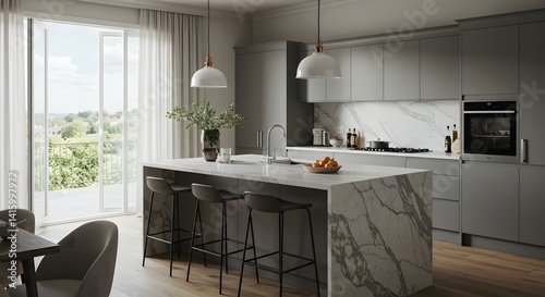 A modern kitchen with gray cabinets marble island and stools under dome pendant lights near a window