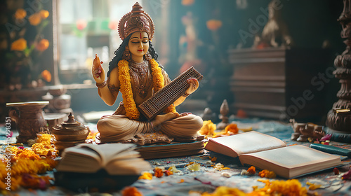 Serene Saraswati Statue:  Spiritual Art in Warm Golden Light