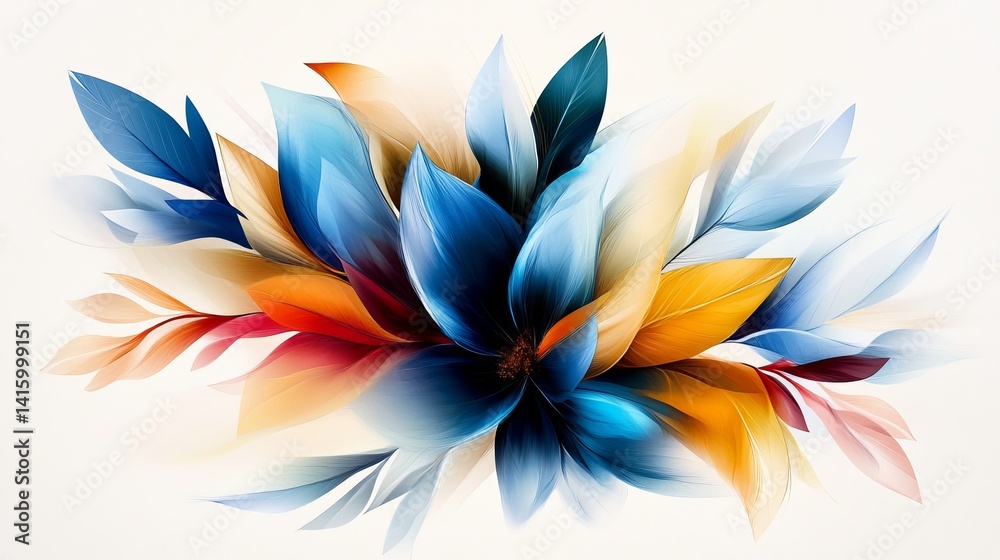 Fototapeta premium Floral artwork showcases a vibrant blue flower with orange and yellow petals against a soft, white background.