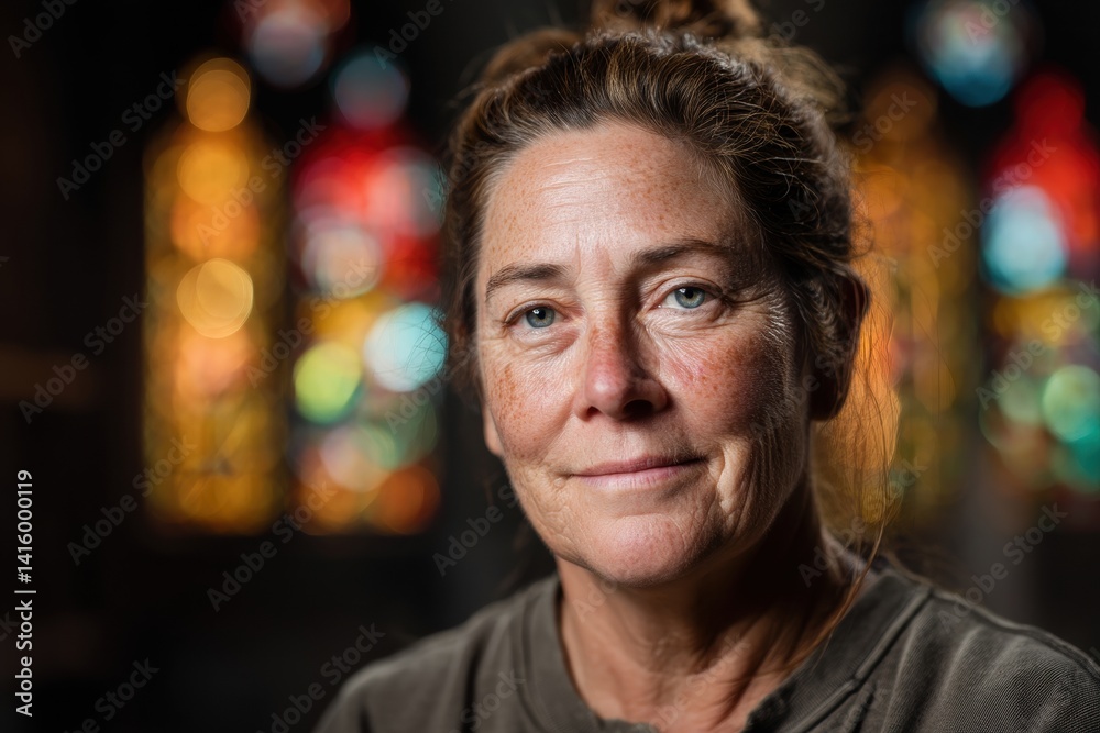 Fototapeta premium Woman with light brown hair tied up, subtle smile, and casual attire, set against a colorful background of blurred stained glass, creating a warm, soothing, and serene atmosphere