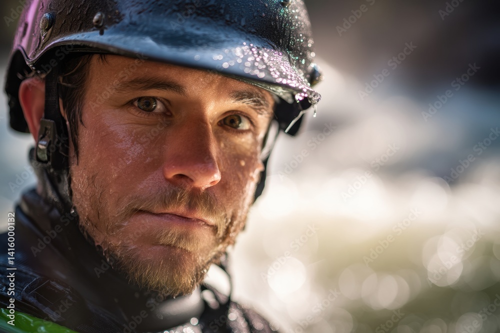 Obraz premium Wet face of a man with a helmet glistening in sunlight, focused expression, droplets of water glistening, blurred bokeh background, outdoor activity indication