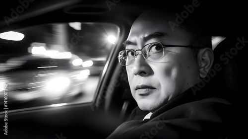 Anxious Man Driving at Night City Traffic Blurred Lights Serious Adult Male in Car
