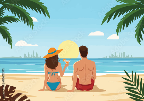 Back view of a man and woman relaxing on the sand with drinks, overlooking the ocean and a distant cityscape. Tropical vacation and leisure