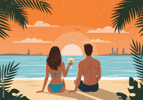 Back view of a man and woman relaxing on the sand with drinks, overlooking the ocean and a distant cityscape. Tropical vacation and leisure