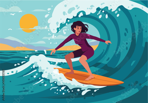 Illustration of a female surfer riding a large ocean wave near a tropical shore. Surfing, beach life, and summer fun