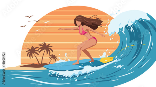 Illustration of a female surfer riding a powerful ocean wave. Surfing, water sports, and tropical beach scene