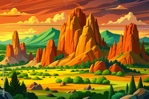 The Garden of the Gods in Colorado Springs at sunset time with amazing sky