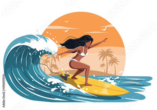 Illustration of a female surfer riding a powerful ocean wave. Surfing, water sports, and tropical beach scene