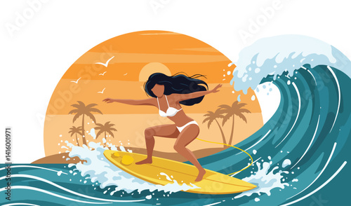 Illustration of a female surfer riding a powerful ocean wave. Surfing, water sports, and tropical beach scene