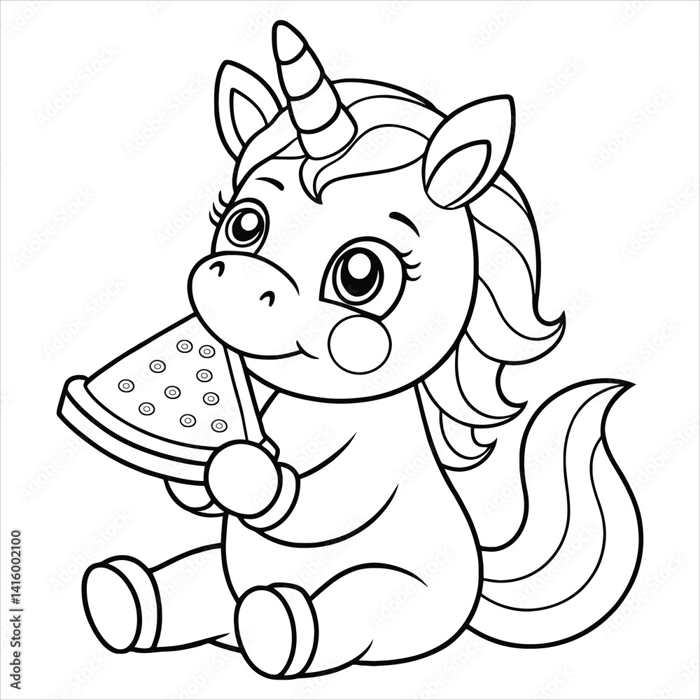 Fototapeta premium Funny Unicorn Eating Pizza Coloring Page