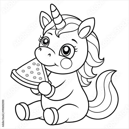 Funny Unicorn Eating Pizza Coloring Page