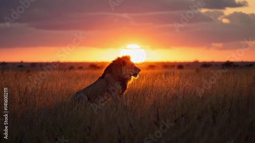 A lion is standing in a field of tall grass, with the sun setting in the background. The scene is serene and peaceful, with the lion looking out over the landscape