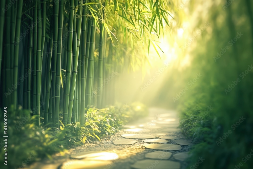 Obraz premium Sunlight filters through a lush bamboo grove.