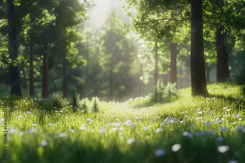 Fototapeta premium A bright and sunny forest scene with green grass and white flowers in a peaceful natural setting
