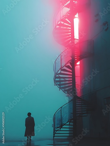 The image depicts a figure standing near a spiral staircase. The building has a wall with a red light.