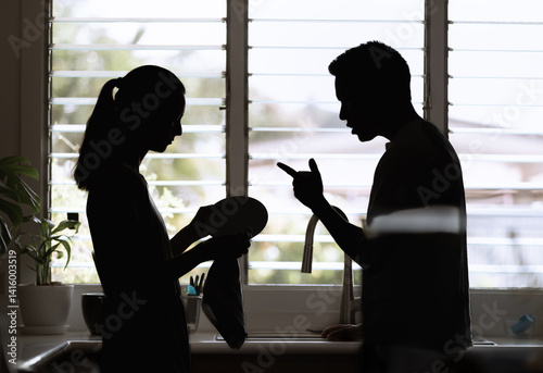unhappy woman, aggressive man quarreling at home. Angry husband emotionally arguing screaming shouting to wife psychological emotional abuse, bad relationship	