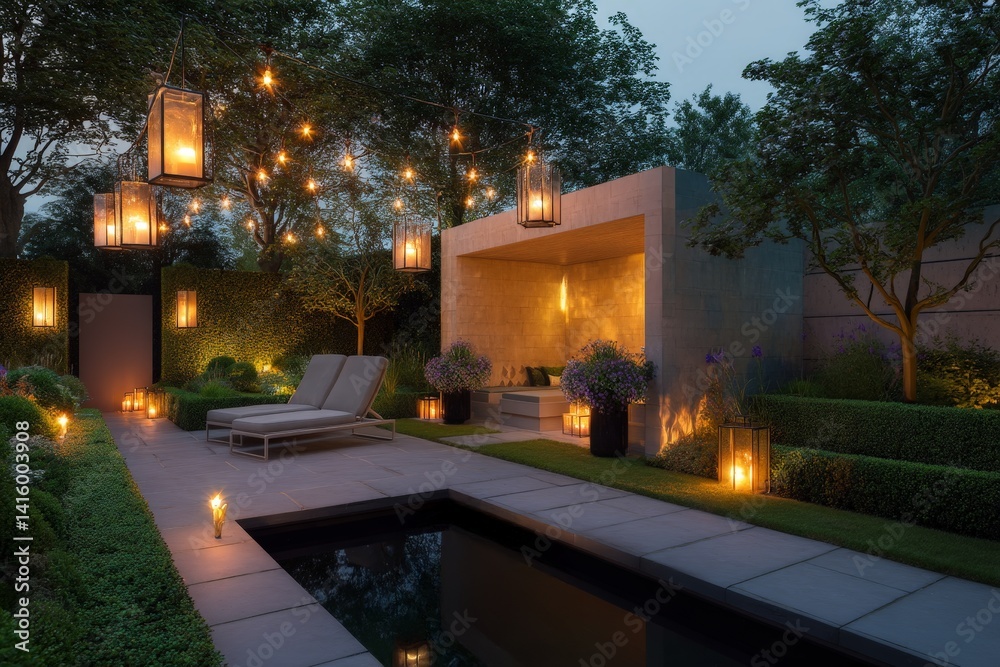 Fototapeta premium An outdoor patio with a pool and lanterns hanging from trees