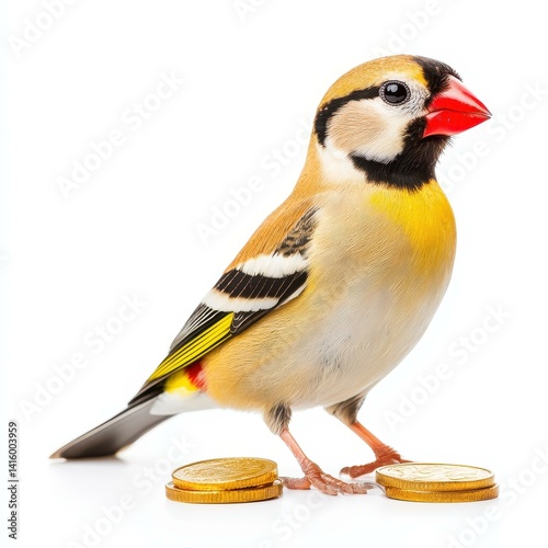A bright scene of gold coins  a vivid goldfinch, showcasing a stunning contrast against a clean white backdrop.