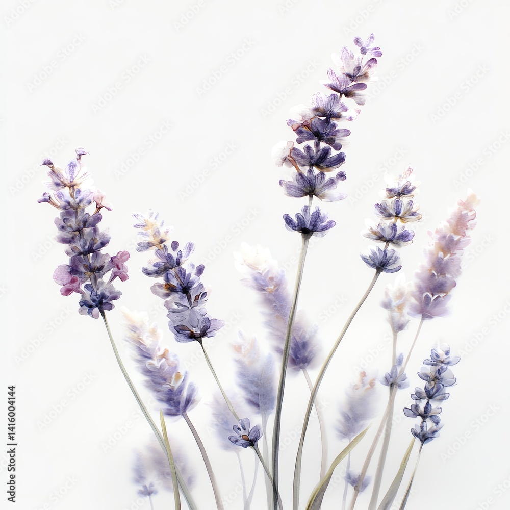 Naklejka premium botanical watercolor painting of lavender flowers in soft purple tones, elegant composition on white background