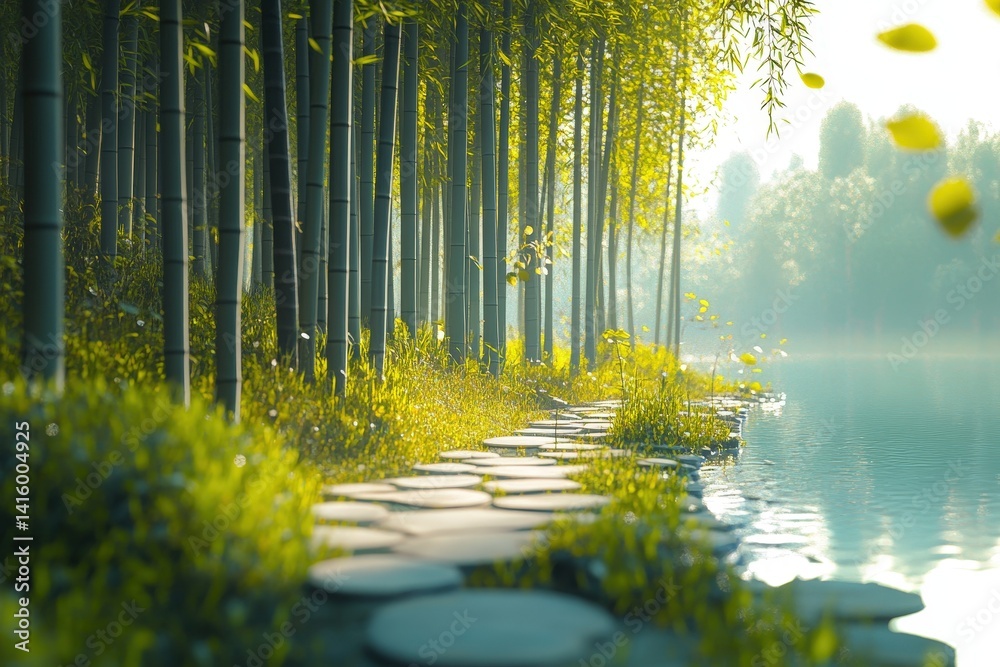Fototapeta premium Serene path through a bamboo grove by a tranquil lake.