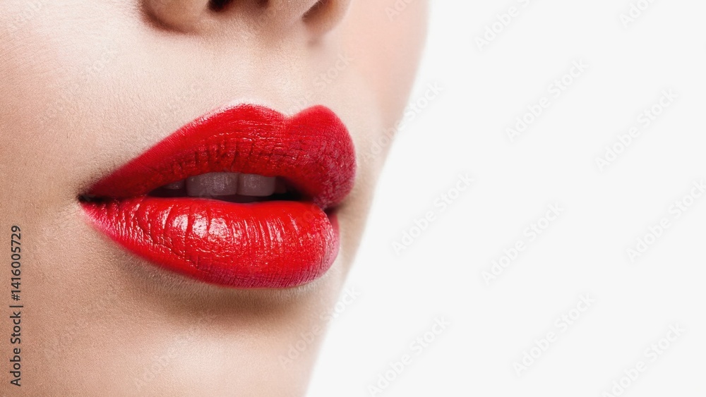 Obraz premium A close-up image of a woman with red lipstick on her lips and the rest of the image cut in half, highlighting only one side of her face.