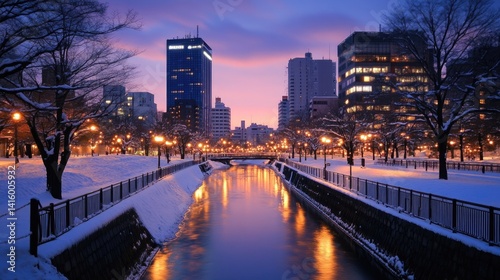 Peaceful stream running through a snowy Sapporo park landscape