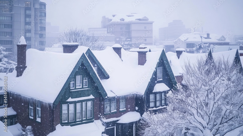 Rooftops of traditional houses in a quiet Sapporo neighborhood covered in snow Rooftops of traditional houses in a quiet Sapporo neighborhood covered in snow