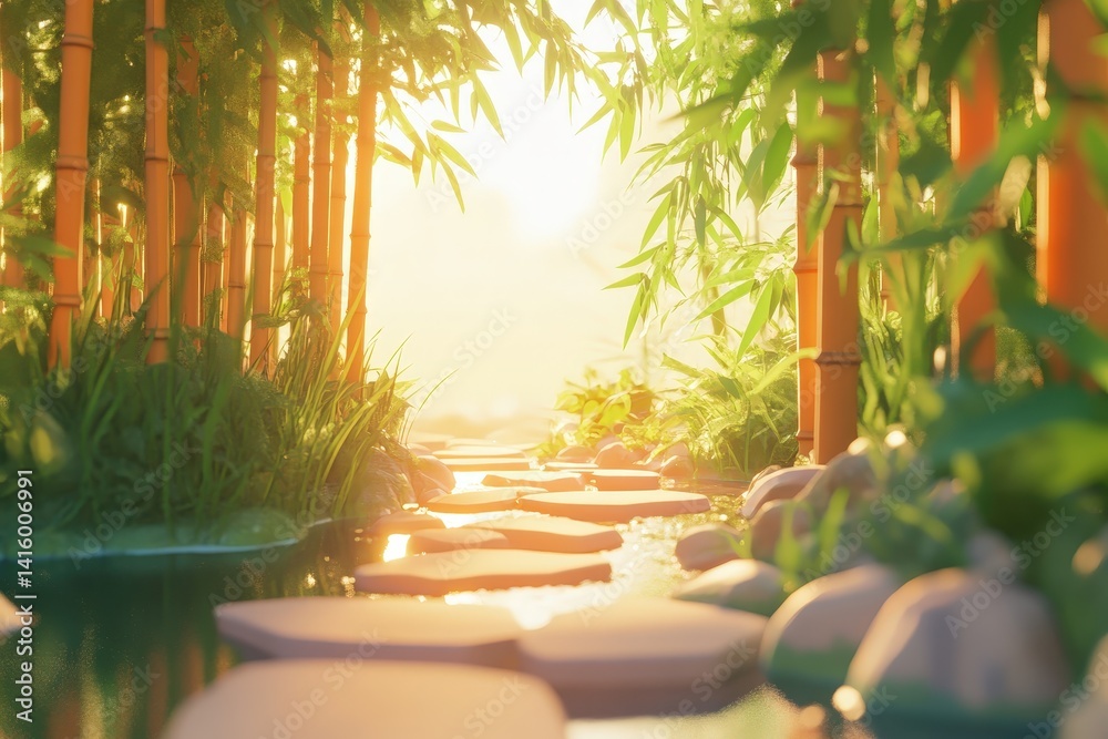 Obraz premium Sunlit Pathway Through a Bamboo Forest.