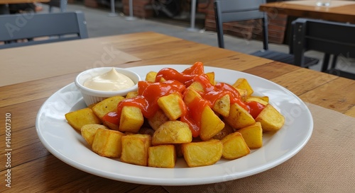 Patatas bravas with spicy tomato sauce on a restaurant table