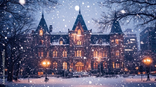 Sapporo beer museum building surrounded by light snow flurries