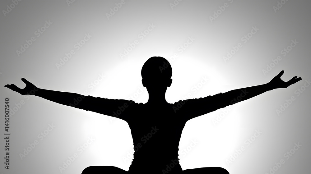 Mindful Moment Silhouette: A serene silhouette of a person practices yoga, arms outstretched in a pose of gratitude and peace. The soft glow behind enhances the sense of tranquility.