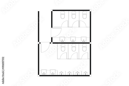 2 dimension floor plan design of public toilet man and woman, line black isolated on white background. Set 2