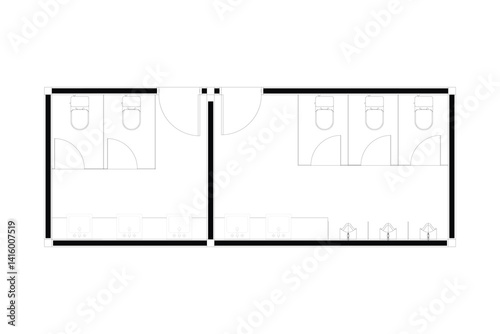 2 dimension floor plan design of public toilet man and woman, line black isolated on white background. Set 7