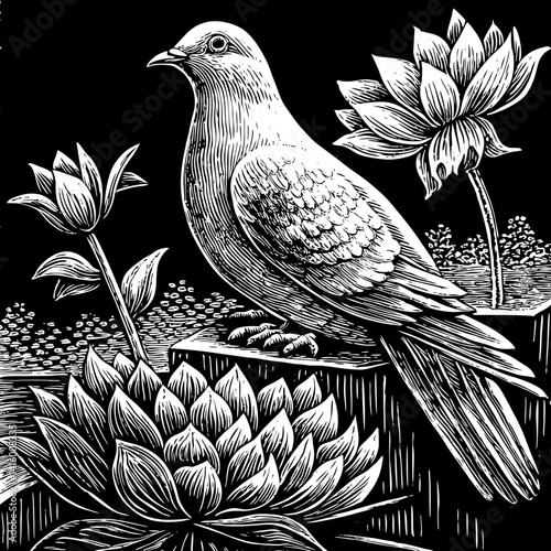 Dove and lotus flowers in monochrome engraving style