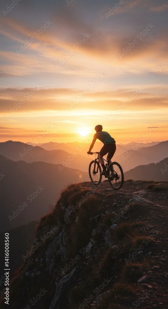 Obraz premium Cyclist Silhouette on a Mountain Trail at Sunset
