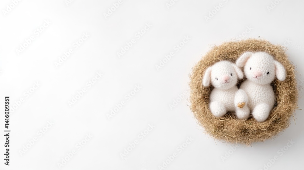 Fototapeta premium Two adorable white rabbits nestled in a straw nest