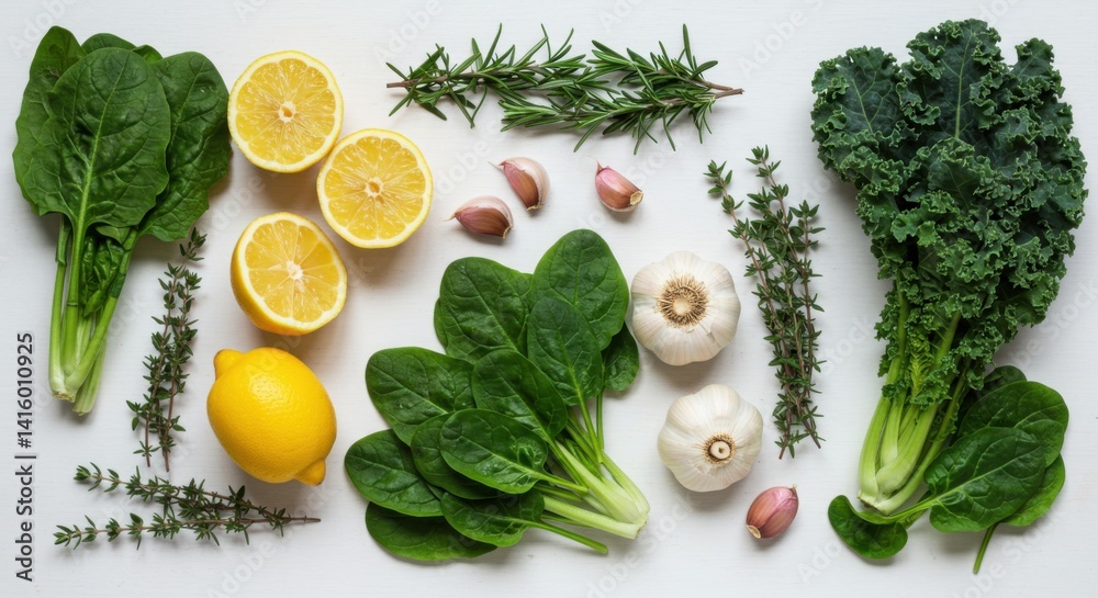 Fresh ingredients for a healthy meal spinach kale lemon and herbs Fresh ingredients for a healthy meal spinach kale lemon and herbs