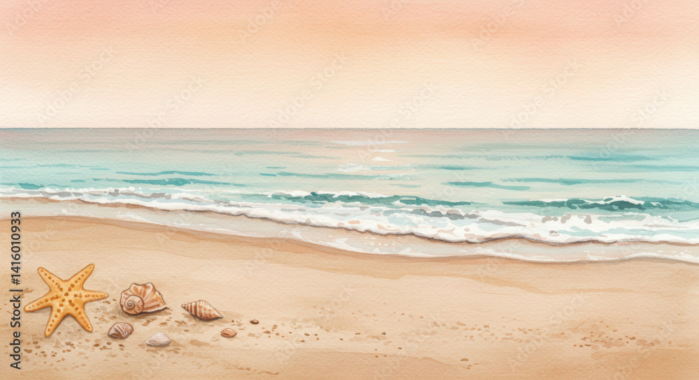 Starfish and Seashells Watercolor Beach Illustration for Summer Vacation Themes