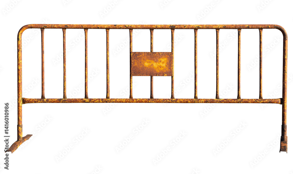 Rusty steel traffic, crowd control barrier with small plate isolated on transparent background (png image)