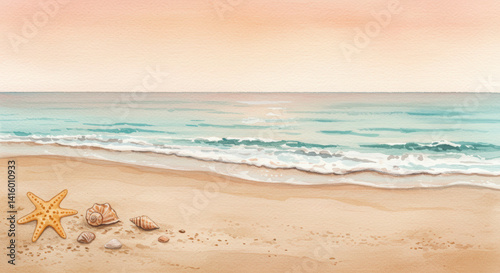 Obraz na płótnie Starfish and Seashells Watercolor Beach Illustration for Summer Vacation Themes w salonie