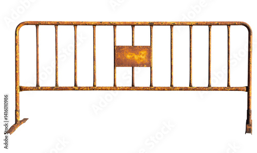 Obraz na płótnie Rusty steel traffic, crowd control barrier with small plate isolated on transparent background (png image) w salonie