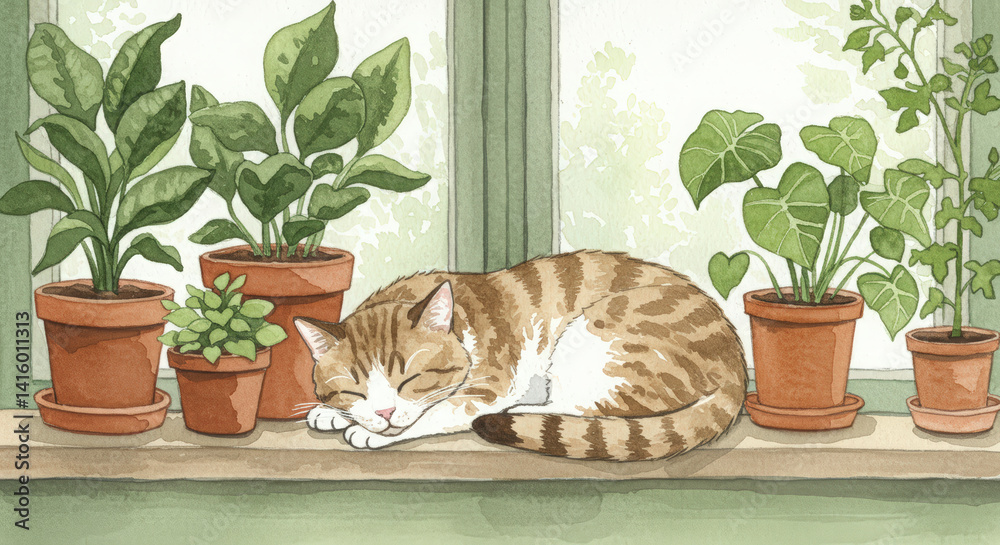 Sleeping Tabby Cat with Potted Plants Watercolor Illustration, Peaceful Indoor Scene for Home Decor and Greeting Cards