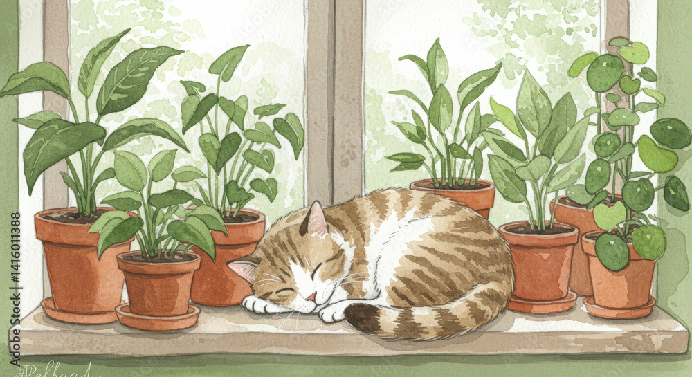 Sleeping Tabby Cat Watercolor Illustration with Potted Plants on Windowsill for Cozy Home Decor
