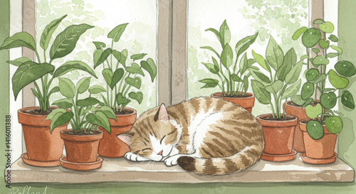 Obraz na płótnie Sleeping Tabby Cat Watercolor Illustration with Potted Plants on Windowsill for Cozy Home Decor w salonie