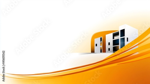 White residential buildings stand on a white surface with orange curved lines in the foreground.